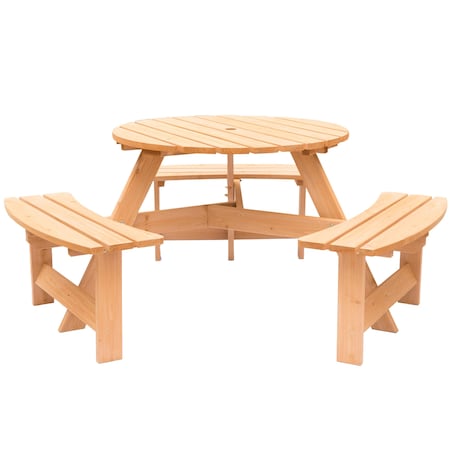 Gardenised Outdoor Round Picnic Table with Bench & Umbrella Hole, 6-Person, Stained Wood QI003904.ST